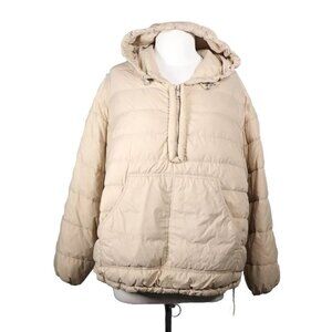 ADYN Women's Medium Tan Cream Oversized Puffer Jacket Hooded Quarter Zip Outwear
